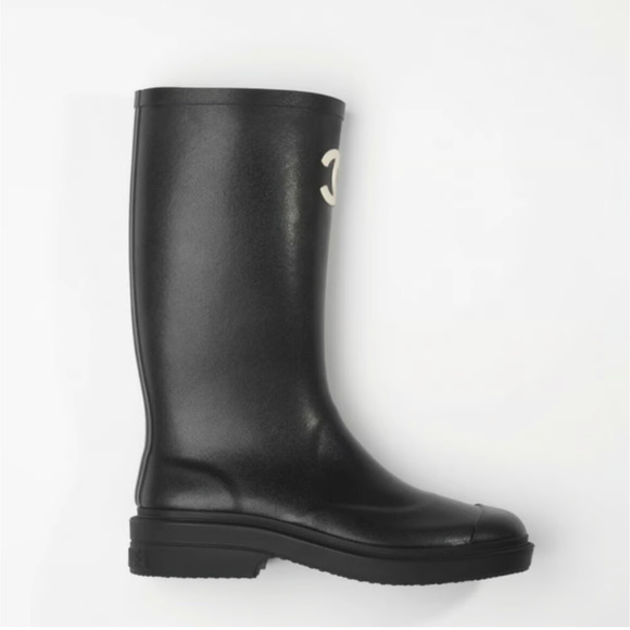 Chanel 22K Black White Caoutchouc CC Logo High Pull On Rubber Rain Boots 42 - Picture 3 of 12